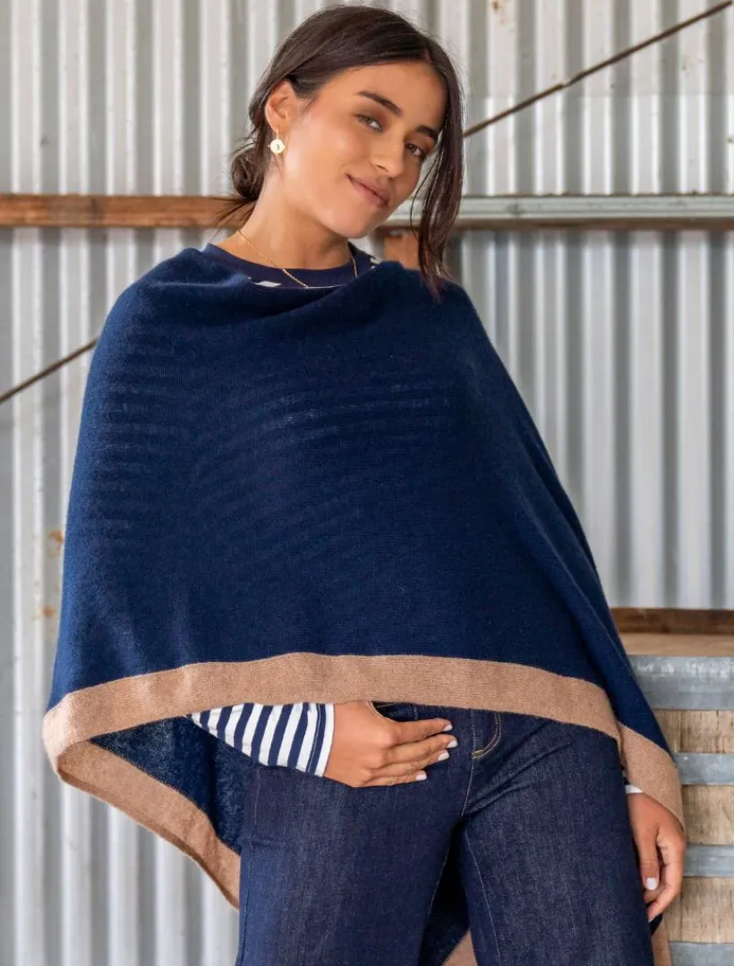 Scarves|Knits And Jumpers*Zjoosh Cashmere Border Ponchette Navy Tan NavyTan