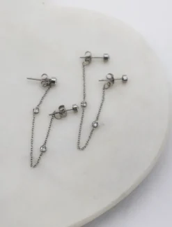 Earrings|Silver Jewellery*Zjoosh Chain Connected Crystal Studs Silver