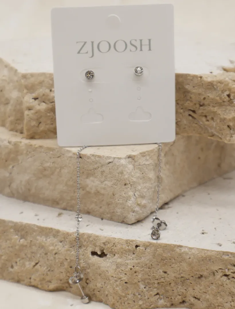 Earrings|Silver Jewellery*Zjoosh Chain Connected Crystal Studs Silver