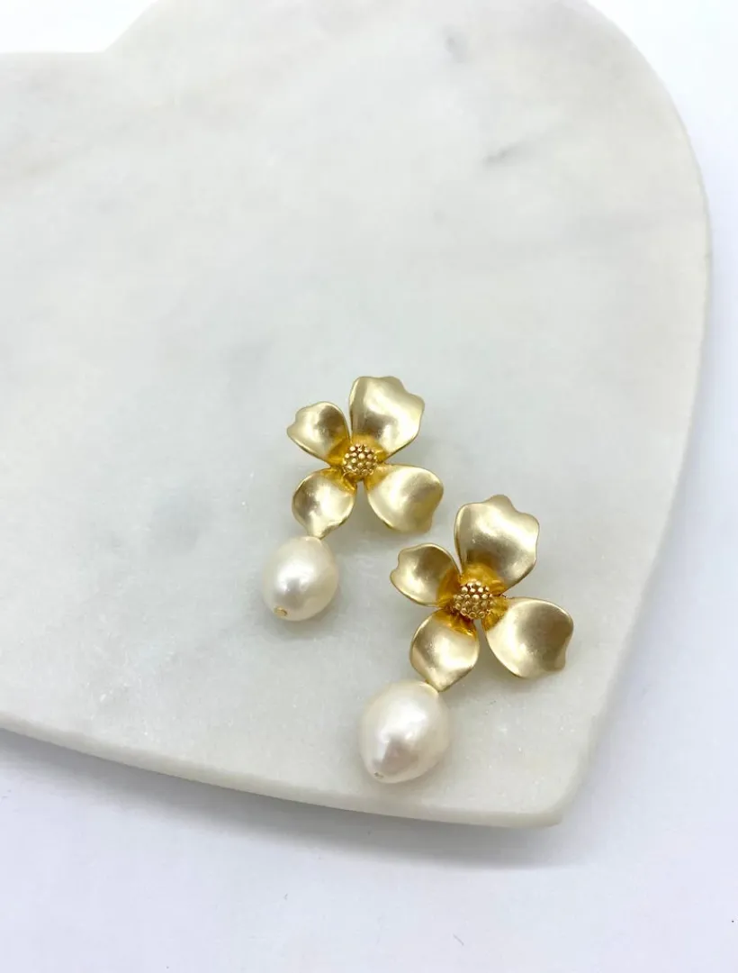 Pearl Jewellery|Earrings*Zjoosh Gold Flower Pearl Drops