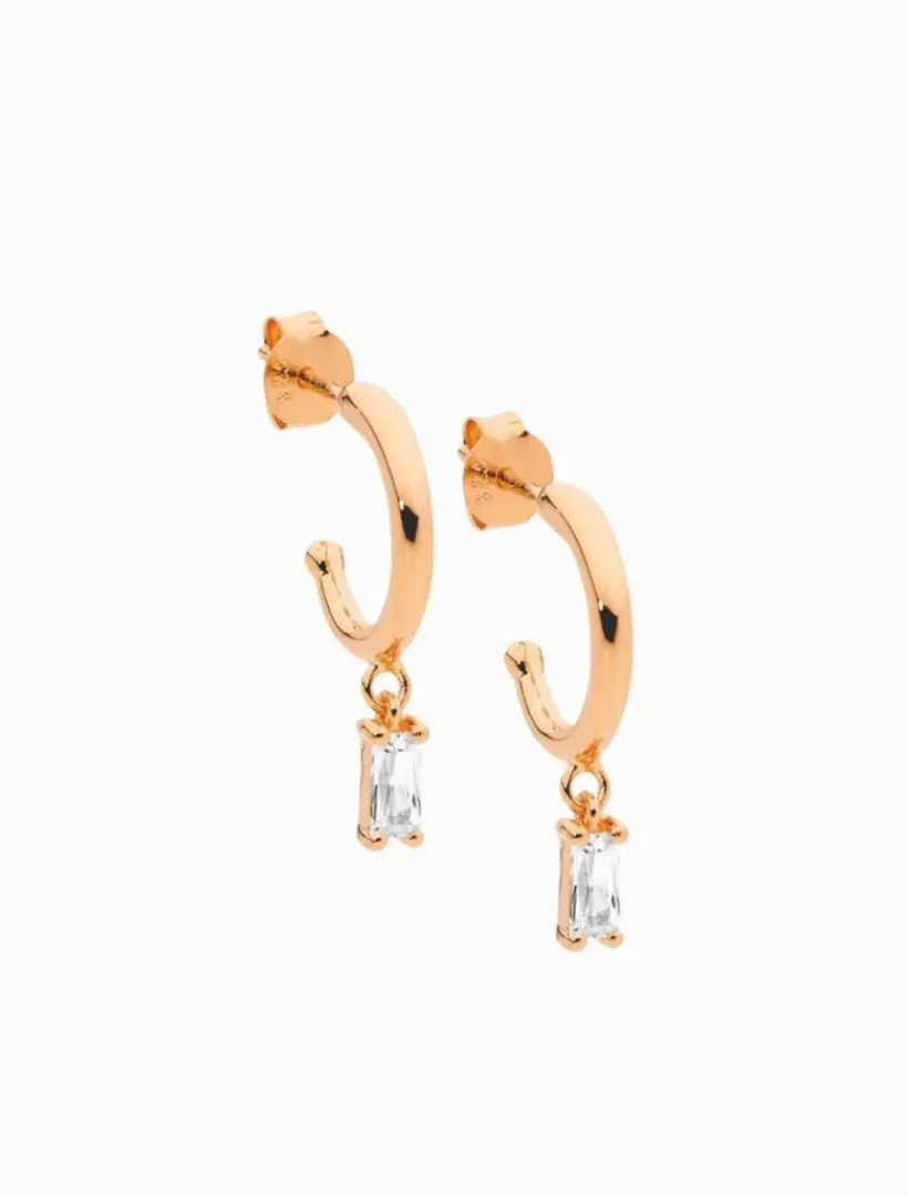 Earrings*Ellani 13mm Hoop Earrings Cubic Zirconia Baguette Drop Rose Gold RoseGold