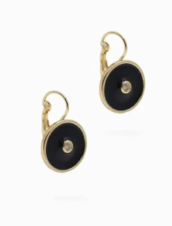 Earrings*Zjoosh Round Enamel Crystal Hooks Black
