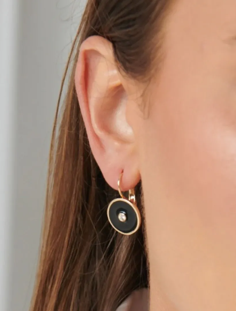 Earrings*Zjoosh Round Enamel Crystal Hooks Black