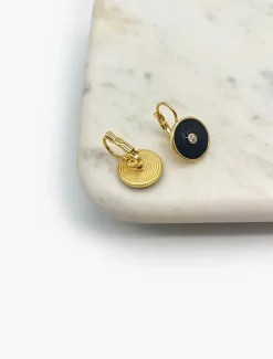 Earrings*Zjoosh Round Enamel Crystal Hooks Black