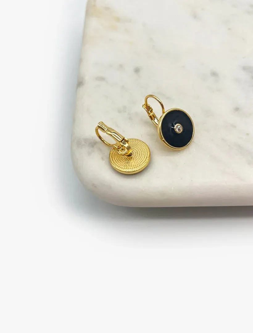 Earrings*Zjoosh Round Enamel Crystal Hooks Black